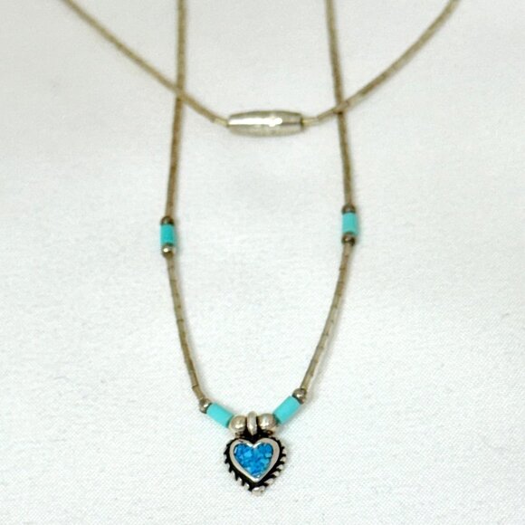Sterling Silver Necklace w/Heart Turquoise Inlay - Picture 2 of 7